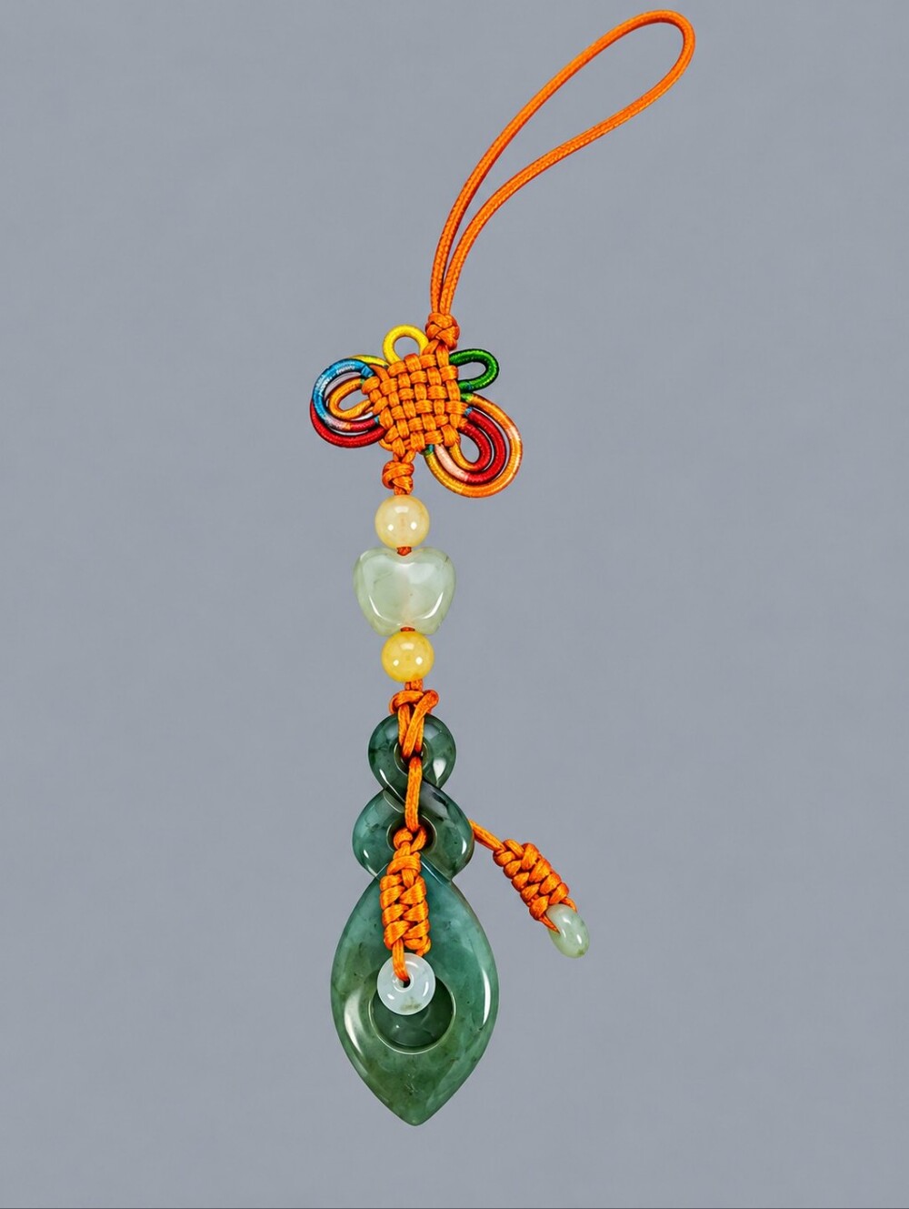 Green Jade Gourd Pendant Knot Charm with Orange Cord